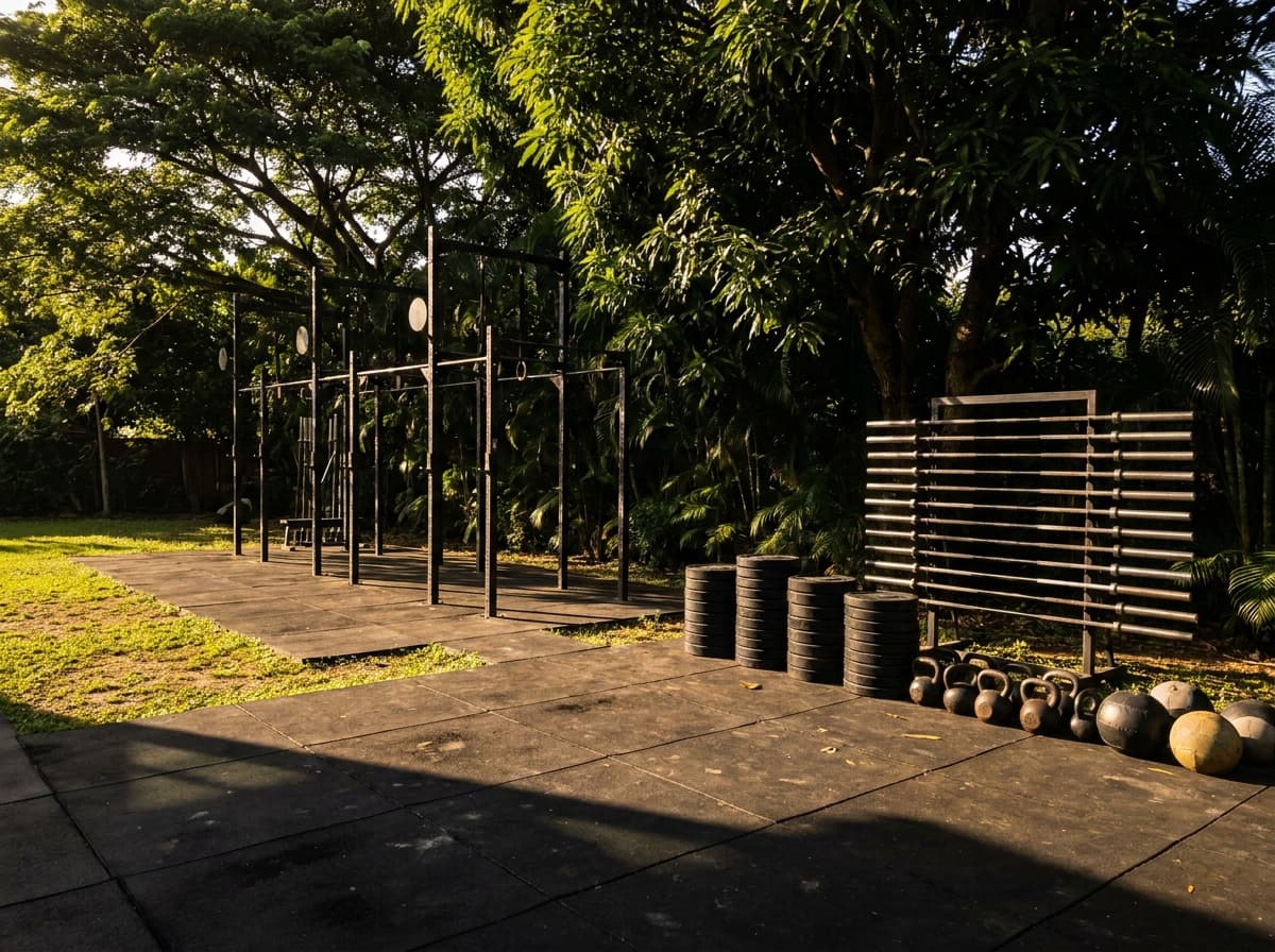 Área de entrenamiento con barras, discos y kettlebells sobre superficie de goma