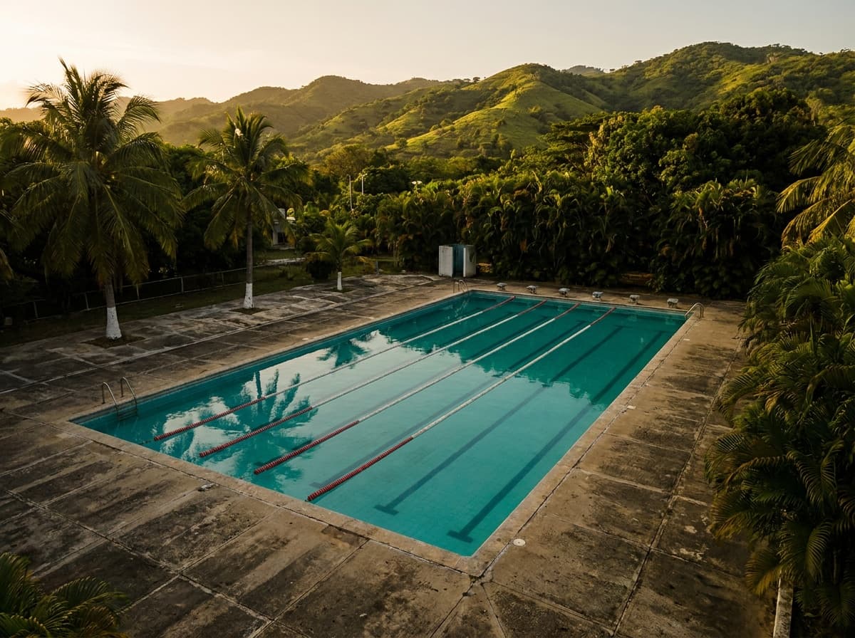 Piscina del club rodeada de palmeras y vegetación