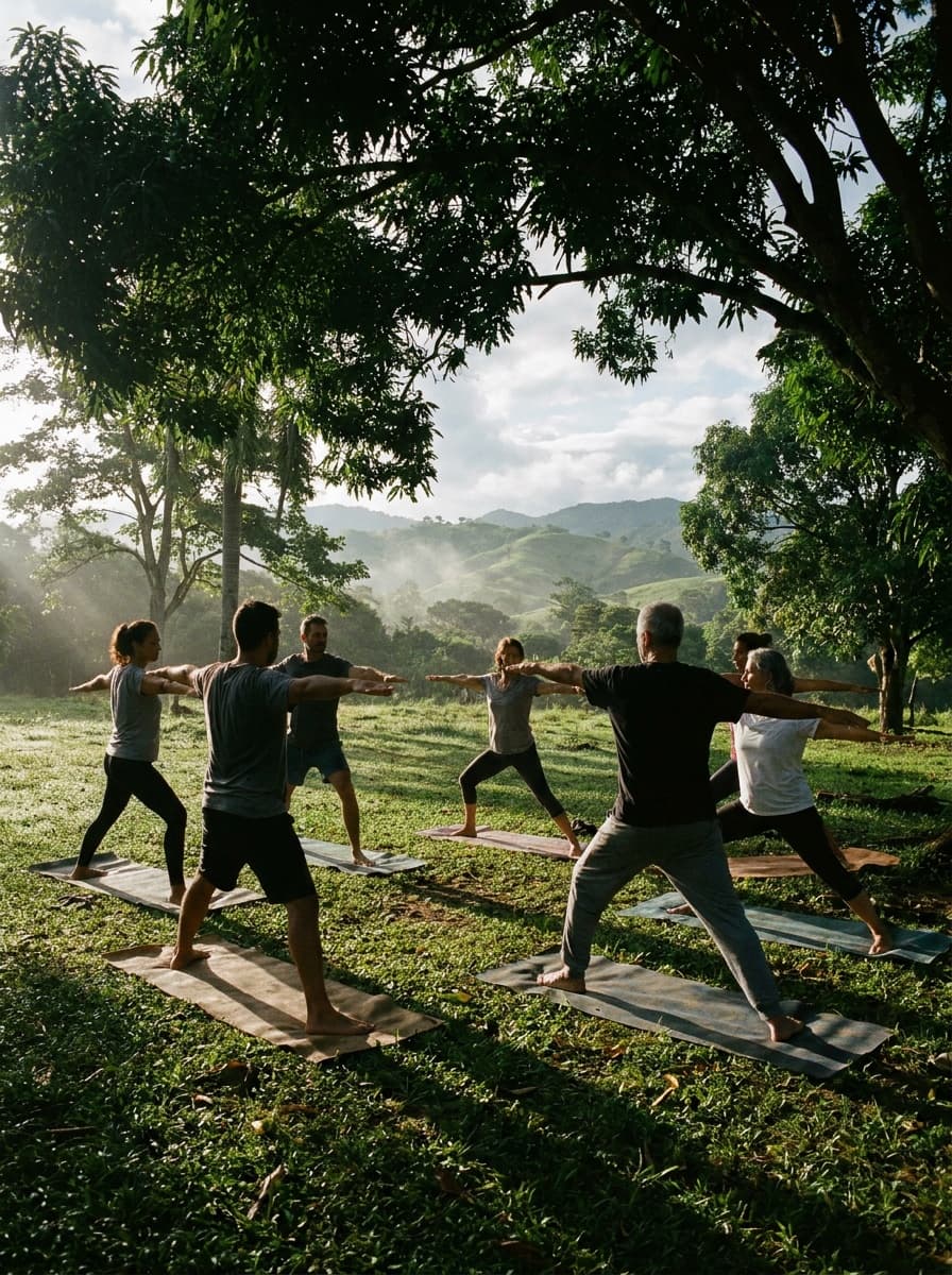 Grupo practicando yoga sobre la grama bajo los árboles